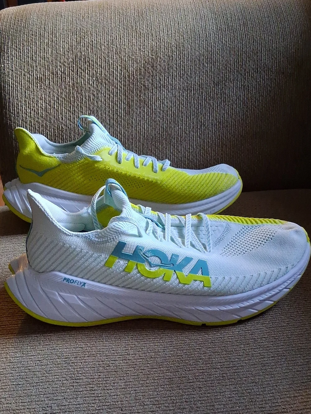 Hoka  White and Neon Yellow Athletic Sneakers